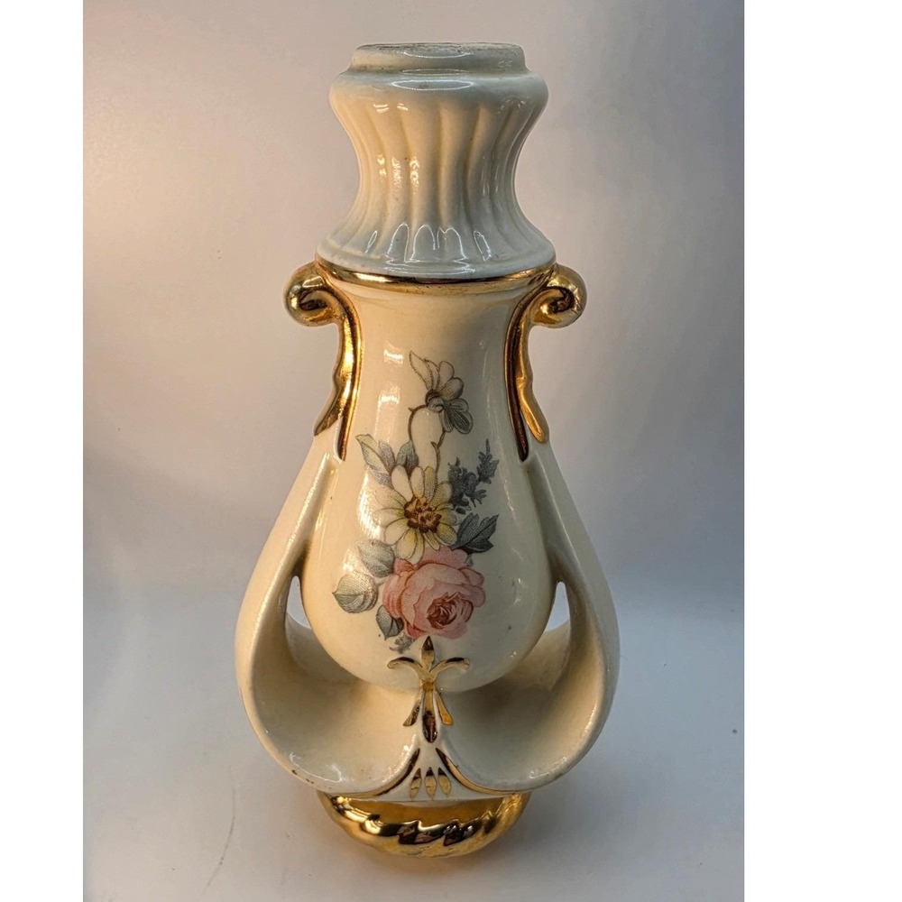 Vintage Cream Porcelain Floral Lamp Part Gold Gilt Double Handle Urn 7.5 Inch